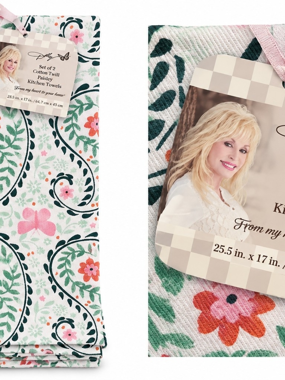 Dolly Paisley Cotton Twill Kitchen Towels - Pink & Green Floral, Set of 2